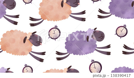 Seamless pattern with jumping sheep in peach and purple. Playful cartoon lambs with tongues out in children’s illustration style. Perfect for baby fabrics, nursery textiles, kids pajamas and bedding. 138390417