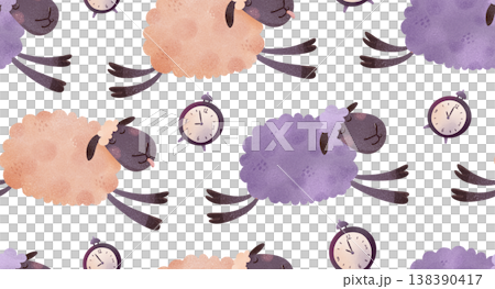 Seamless pattern with jumping sheep in peach and purple. Playful cartoon lambs with tongues out in children’s illustration style. Perfect for baby fabrics, nursery textiles, kids pajamas and bedding. 138390417