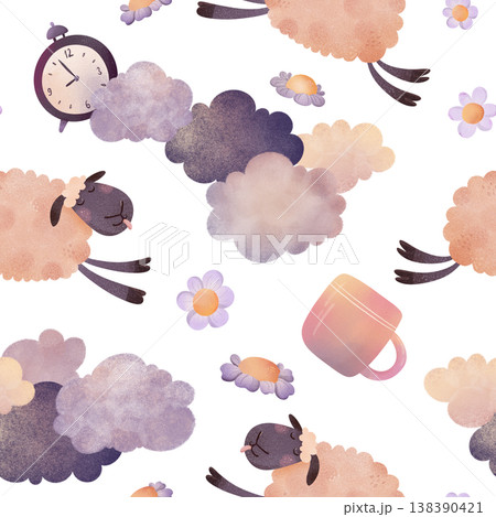 Seamless pattern sleeping sheep, fluffy clouds, flowers, alarm clock, cozy mug, soft watercolor. Sweet bedtime repeating design perfect for baby fabrics, nursery textiles, kids pajamas, sleep products 138390421