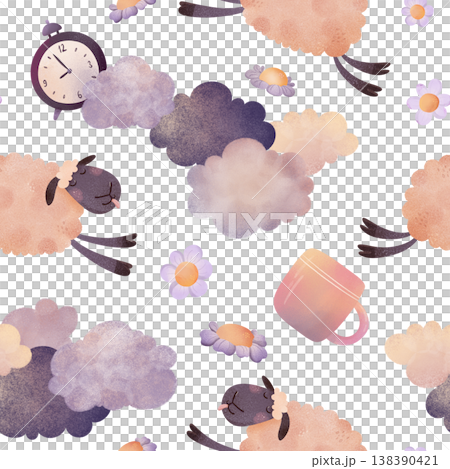 Seamless pattern sleeping sheep, fluffy clouds, flowers, alarm clock, cozy mug, soft watercolor. Sweet bedtime repeating design perfect for baby fabrics, nursery textiles, kids pajamas, sleep products 138390421