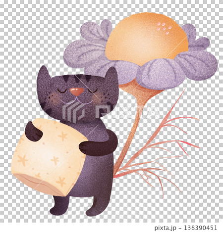 Sleeping cat with pillow, closed eyes in children's illustration style. Cute fluffy sheep resting next to large blooming flower. Perfect for nursery decor, bedtime themes, kids books, baby products 138390451