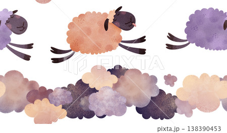 Seamless pattern with adorable sleeping sheep jumping over fluffy clouds in soft watercolor children’s style Perfect for baby fabrics, nursery textiles, kids pajamas, bedding and sleep-themed products Seamless pattern with adorable sleeping sheep jumping over fluffy clouds in soft watercolor children’s style Perfect for baby fabrics, nursery textiles, kids pajamas, bedding and sleep-themed products 138390453