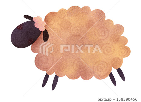 Sleeping peach lamb with closed eyes in children's illustration style. Cute fluffy sheep resting in soft watercolor style. Perfect for nursery decor, bedtime themes, kids books, baby products 138390456
