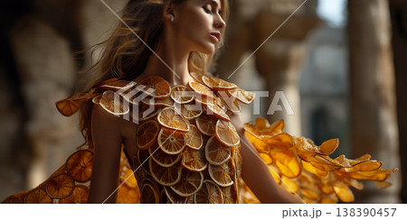 Artistic photography capturing model in radiant citrus costume amidst historic structures 138390457