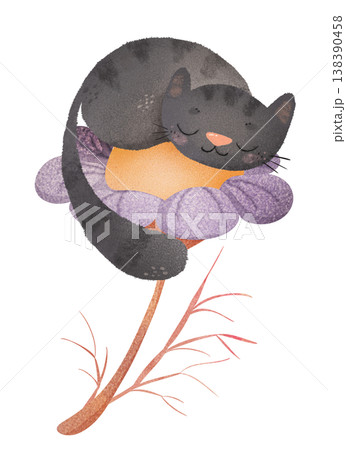 Sleeping gray kitten curled up on a large purple orange flower. Cute cozy cat in soft watercolor children’s illustration style. Ideal for nursery decor, baby products, bedtime stories, kids textiles Sleeping gray kitten curled up on a large purple orange flower. Cute cozy cat in soft watercolor children’s illustration style. Ideal for nursery decor, baby products, bedtime stories, kids textiles 138390458