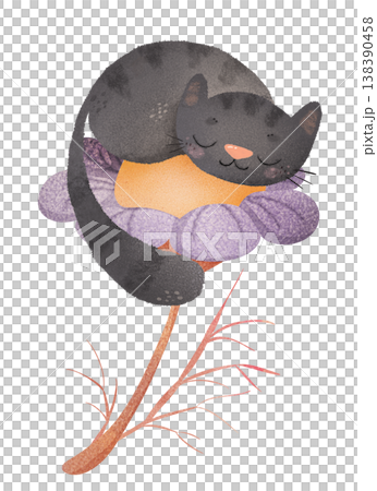 Sleeping gray kitten curled up on a large purple orange flower. Cute cozy cat in soft watercolor children’s illustration style. Ideal for nursery decor, baby products, bedtime stories, kids textiles Sleeping gray kitten curled up on a large purple orange flower. Cute cozy cat in soft watercolor children’s illustration style. Ideal for nursery decor, baby products, bedtime stories, kids textiles 138390458