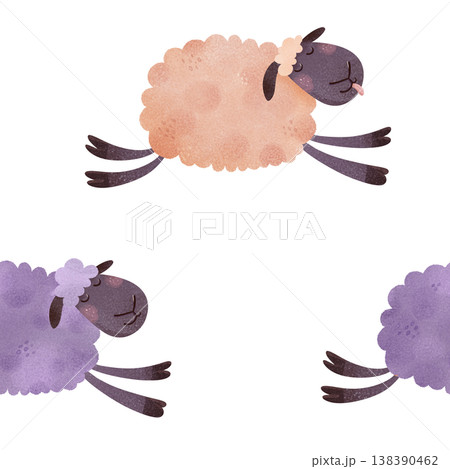 Seamless pattern with jumping sheep in peach and purple. Playful cartoon lambs with tongues out in children’s illustration style. Perfect for baby fabrics, nursery textiles, kids pajamas and bedding. 138390462