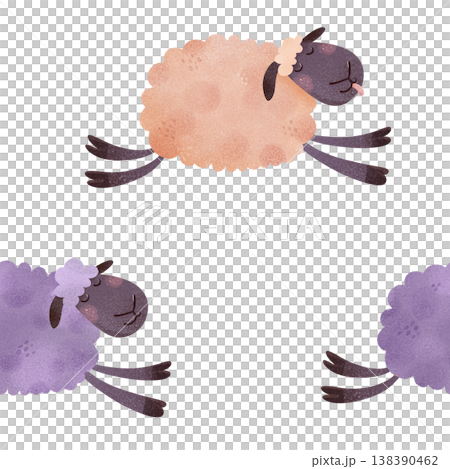 Seamless pattern with jumping sheep in peach and purple. Playful cartoon lambs with tongues out in children’s illustration style. Perfect for baby fabrics, nursery textiles, kids pajamas and bedding. 138390462
