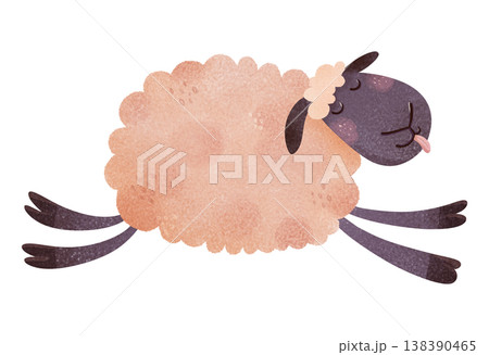 Sleeping peach lamb with closed eyes in children's illustration style. Cute fluffy sheep resting in soft watercolor style. Perfect for nursery decor, bedtime themes, kids books, baby products 138390465