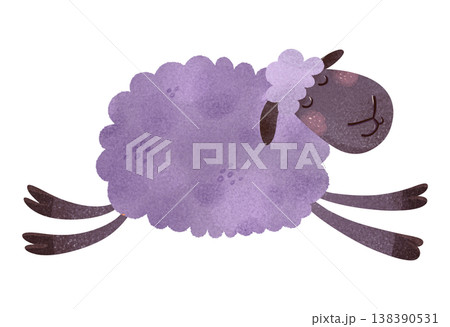Sleeping purple lamb with closed eyes in children's illustration style. Cute fluffy sheep resting in soft watercolor style. Perfect for nursery decor, bedtime themes, kids books, baby products Sleeping purple lamb with closed eyes in children's illustration style. Cute fluffy sheep resting in soft watercolor style. Perfect for nursery decor, bedtime themes, kids books, baby products 138390531