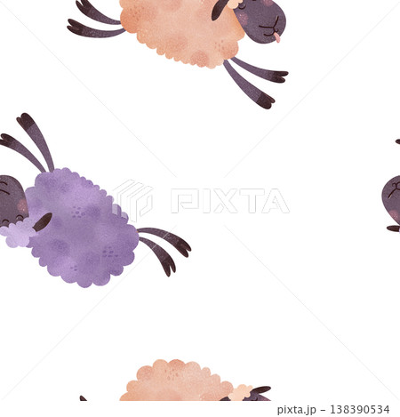 Seamless pattern with jumping sheep in peach and purple. Playful cartoon lambs with tongues out in children’s illustration style. Perfect for baby fabrics, nursery textiles, kids pajamas and bedding. 138390534