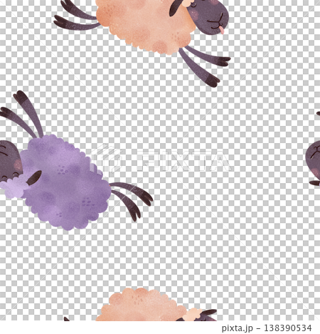 Seamless pattern with jumping sheep in peach and purple. Playful cartoon lambs with tongues out in children’s illustration style. Perfect for baby fabrics, nursery textiles, kids pajamas and bedding. 138390534