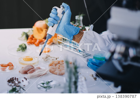 Chemical Laboratory of the Food supply . Food in laboratory, dna modify .GMO Genetically modified food in lab . 138390787