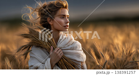 Rural woman in wheat landscape displays introspective expression with harvest elements and warm hues 138391257