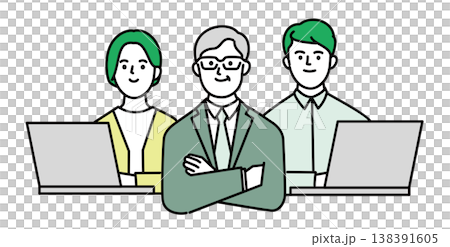 An older businessman who is satisfied with employees working on computers. 138391605