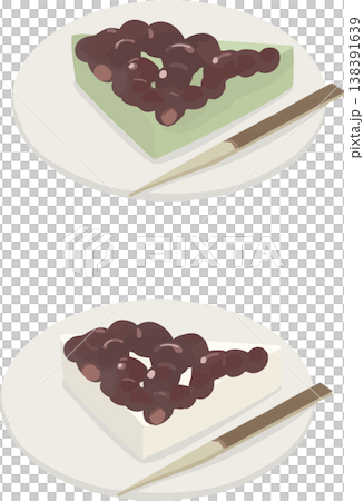 Illustrations of Japanese sweets for Minazuki (white and matcha) | Triangular sweets for June and the summer purification ritual 138391639