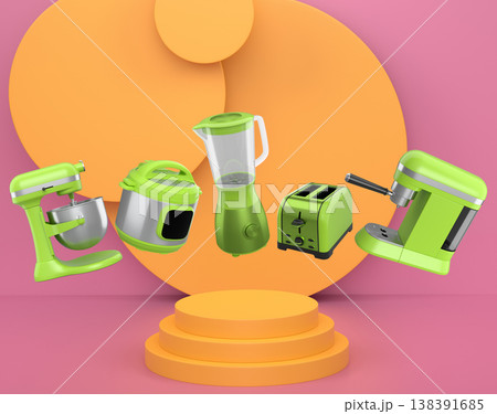 Set of kitchen appliances including mixer, toaster, blender, and coffee maker on white colorful podium and background 138391685