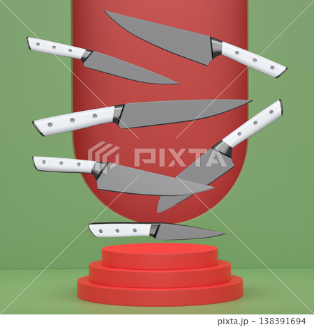 Multiple stainless steel kitchen knives with black handles floating over podium and abstract background 138391694