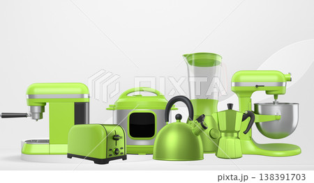 Set of kitchen appliances and utensils floating in mid-air over podium and abstract background, modern cooking concepts 138391703