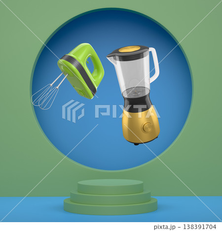Set of kitchen appliances including blender and hand mixer, floating over podium on abstract background Set of kitchen appliances including blender and hand mixer, floating over podium on abstract background 138391704