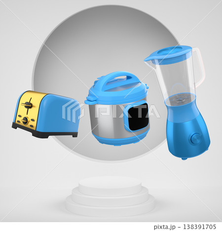 Set of kitchen appliances including a pressure cooker, blender, and toaster floating over podium on abstract background Set of kitchen appliances including a pressure cooker, blender, and toaster floating over podium on abstract background 138391705