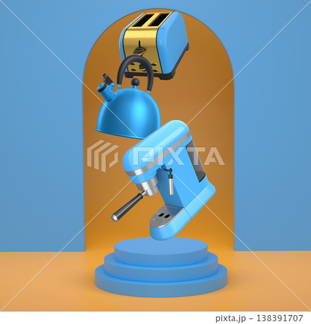 Floating kitchen gadgets including coffee machine, kettle, and toaster in a stylized scene with podium over abstract backdrop Floating kitchen gadgets including coffee machine, kettle, and toaster in a stylized scene with podium over abstract backdrop 138391707