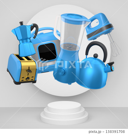 Set of kitchen appliances and utensils floating in mid-air over podium and abstract background, modern cooking concepts 138391708