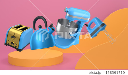 Set of kitchen appliances and utensils floating in mid-air over podium and abstract background, modern cooking concepts 138391710