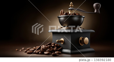 Vintage coffee scene. Retro grinder set amidst coffee beans with warm lighting and textures 138392180