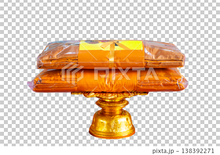 Kathin fabric, Kathin ceremony, Buddhist monk dresses in a carved tradition pearl tray with clipping path on isolated background monk robe, orange robe, buddhist monk robe, isolated background, 138392271