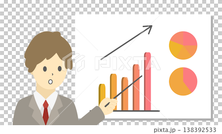 A set of illustrations (warm colors) featuring a man and graphs explaining changes in business performance and sales trends (increases). A set of illustrations (warm colors) featuring a man and graphs explaining changes in business performance and sales trends (increases). 138392533