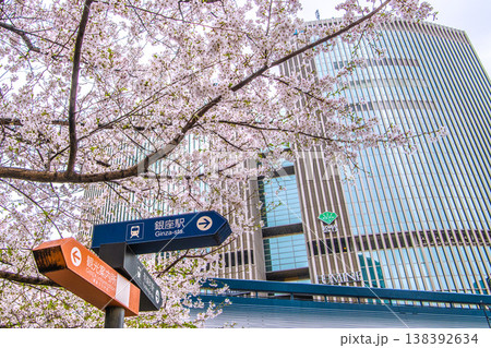 日本の東京都市景観4月1日。有楽町マリオン（画面奥）や中央区立数寄屋橋公園の桜などを望む 138392634