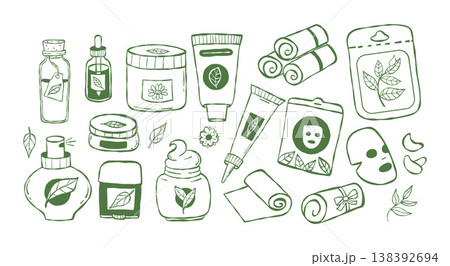 Eco Cosmetic, Skincare and Spa Doodle Set. Green Outline Bottles, Jars, Perfume, Cream, Oil, Tube, Face Mask, Oil, Deodorant and Towel, Beauty Accessories. Isolated hand-drawn. Vector Illustration. 138392694