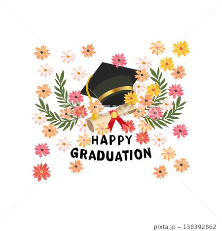 print design graduation Cards Design with Cap and Flowers Vector Illustration 138392862