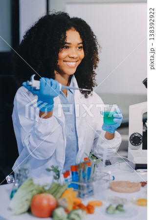Chemical Laboratory of the Food supply . Food in laboratory, dna modify .GMO Genetically modified food in lab . 138392922