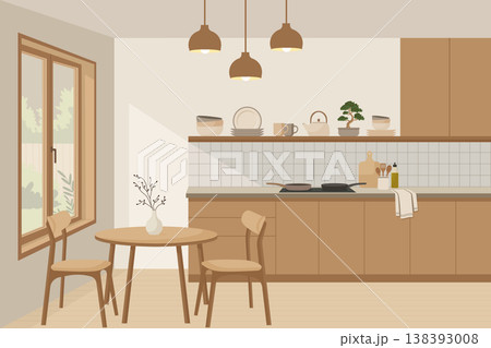 Japandi home decor with wooden kitchen cabinets and round table vector illustration. Japandi home decor with wooden kitchen cabinets and round table vector illustration. 138393008
