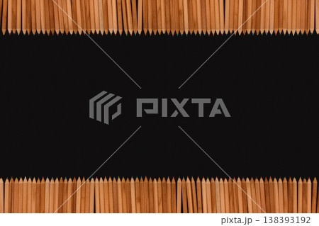 Frame made of set of professional color wooden pencils for drawing stacked on black background, flat lay, top view, nobody, copy space Frame made of set of professional color wooden pencils for drawing stacked on black background, flat lay, top view, nobody, copy space 138393192