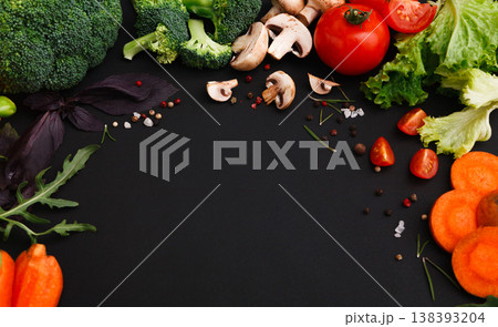 Healthy food background, fresh vegetables. Cooking ingredients for italian cuisine, top view on black, copy space Healthy food background, fresh vegetables. Cooking ingredients for italian cuisine, top view on black, copy space 138393204