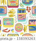 Canned sardines seamless pattern. Vector cartoon seafood background. Mediterranean coastal textile design. 138393263