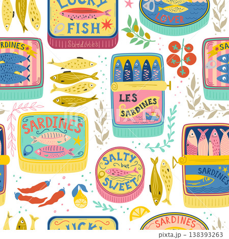 Canned sardines seamless pattern. Vector cartoon seafood background. Mediterranean coastal textile design. 138393263