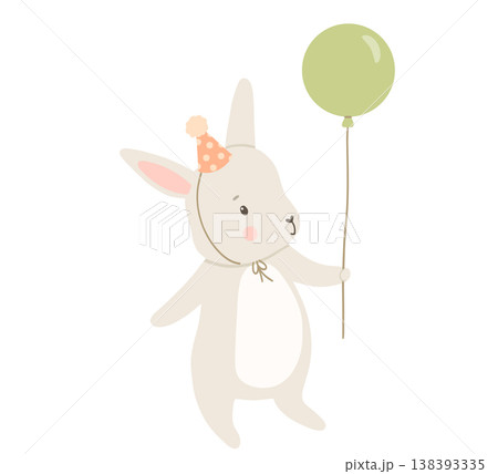 Cute bunny with birthday hat and balloon, vector animal character illustration for celebration and baby greeting design Cute bunny with birthday hat and balloon, vector animal character illustration for celebration and baby greeting design 138393335