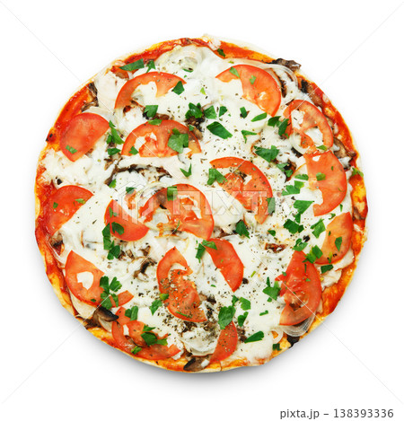 Delicious pizza with mushrooms, tomatoes and chicken meat - thin pastry crust isolated at white background. Italian food. Top view 138393336