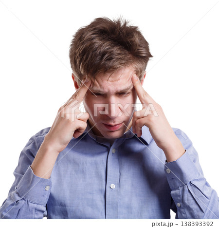 Feeling exhausted. Man suffering from headache, holding hands on temples on white isolated studio background Feeling exhausted. Man suffering from headache, holding hands on temples on white isolated studio background 138393392
