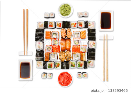 Japanese food restaurant delivery - sushi maki, unagi, gunkan and roll big party platter set isolated on white background, top view 138393466