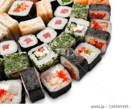 Sushi platter closeup isolated on white background. Japanese food restaurant delivery - maki, cheese and california rolls set placed in circle 138393495