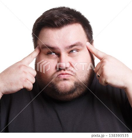 Overworking. Stressed fat man with fingers on temple suffering from headache, white isolated studio background 138393535