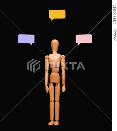 Handcrafted wooden man figure mannequin model dummy doll pointing on blank speech bubble, presenting creative idea or business solution on black studio background, copy space, objects, nobody Handcrafted wooden man figure mannequin model dummy doll pointing on blank speech bubble, presenting creative idea or business solution on black studio background, copy space, objects, nobody 138393544