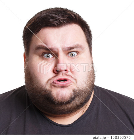 Angry fat man portrait, furious big guy expressing anger, white isolated studio background Angry fat man portrait, furious big guy expressing anger, white isolated studio background 138393576
