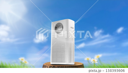 Air Purifier on Wooden Podium with Blue Sky Clean Air Concept Air Purifier on Wooden Podium with Blue Sky Clean Air Concept 138393606