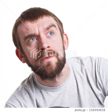 Lost in thoughts. Thoughtful serious man thinking about problem, searching solution, white isolated studio background 138393616